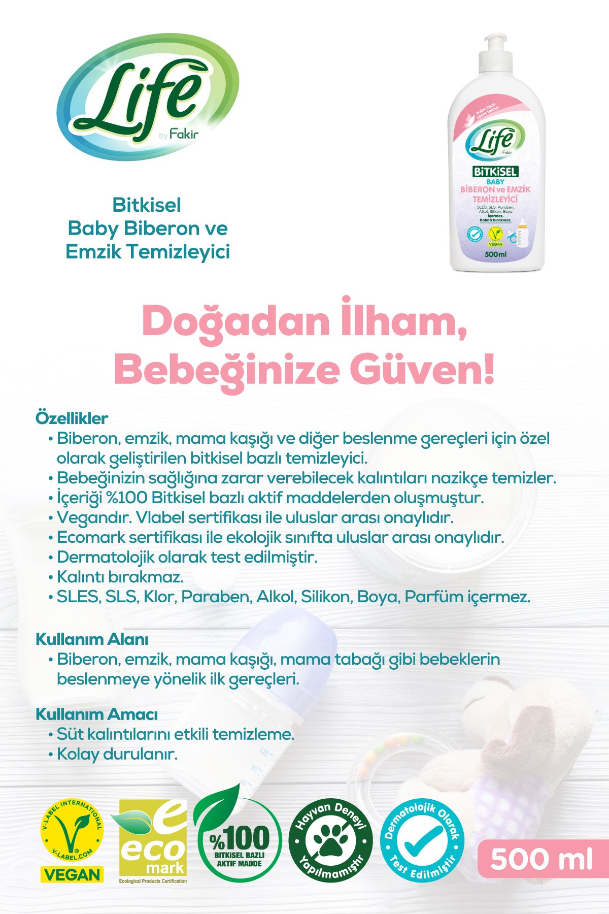 Life by Fakir Bitkisel Bebek Biberon ve Emzik Temizleyici 500 ml - Parfümsüz, Kalıntı Bırakmaz, Vegan Life by Fakir Bitkisel Bebek Biberon ve Emzik Temizleyici 500 ml - Parfümsüz, Kalıntı Bırakmaz, Vegan