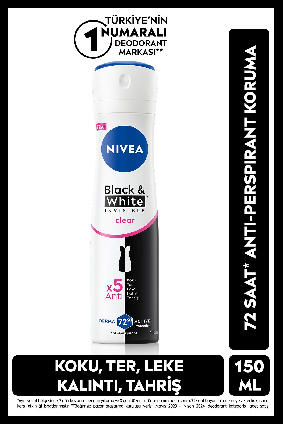 Nivea Kadın Sprey Deodorant Black&White Invisible Clear 150ml, 72 Saat Anti-perspirant Ter Koruması Nivea Kadın Sprey Deodorant Black&White Invisible Clear 150ml, 72 Saat Anti-perspirant Ter Koruması