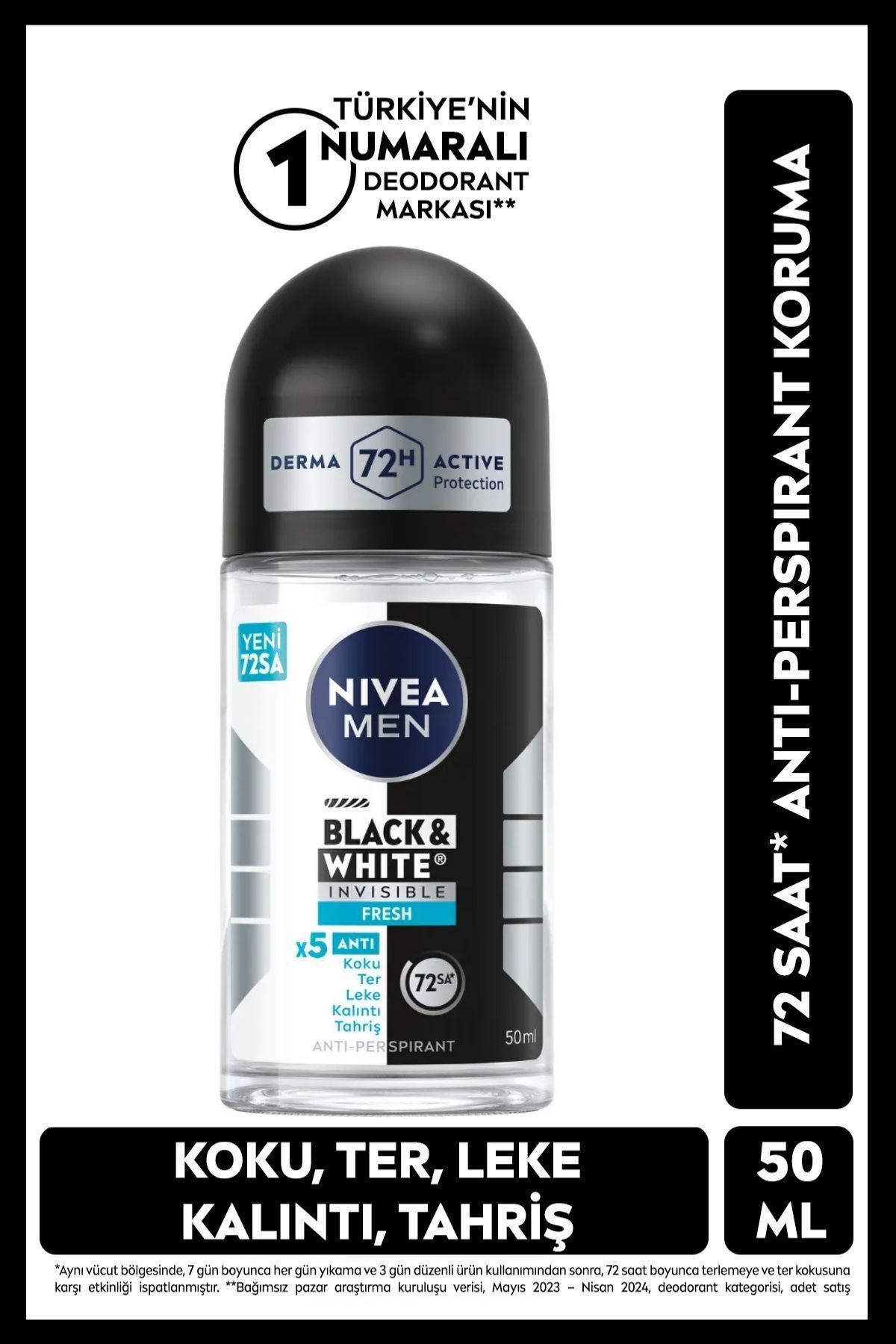 Nivea MEN Erkek Roll-on Deodorant Black&White Invisible Fresh 50ml, 72 Saat Anti-perspirant Ter Koruması Nivea MEN Erkek Roll-on Deodorant Black&White Invisible Fresh 50ml, 72 Saat Anti-perspirant Ter Koruması