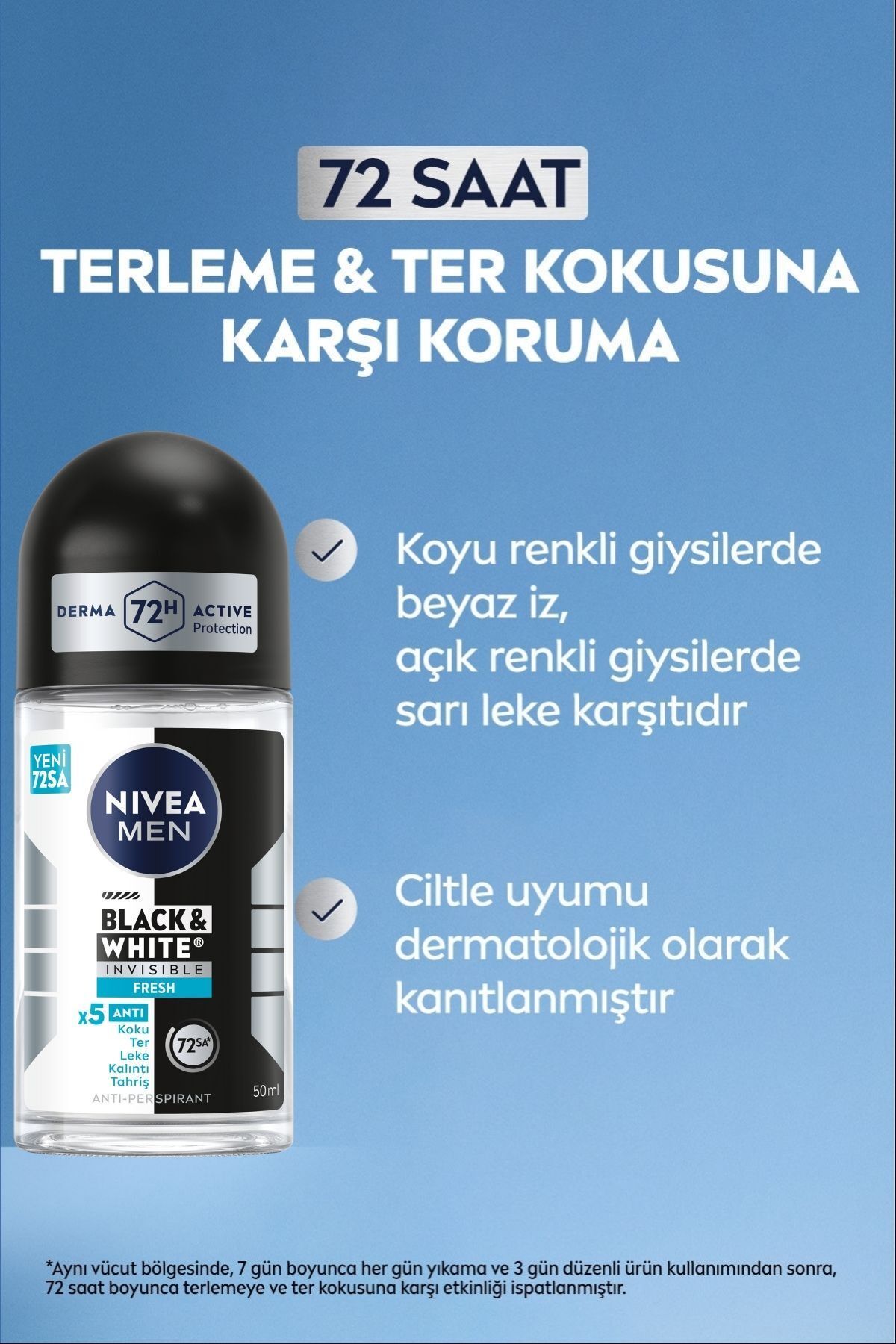 Nivea MEN Erkek Roll-on Deodorant Black&White Invisible Fresh 50ml, 72 Saat Anti-perspirant Ter Koruması Nivea MEN Erkek Roll-on Deodorant Black&White Invisible Fresh 50ml, 72 Saat Anti-perspirant Ter Koruması
