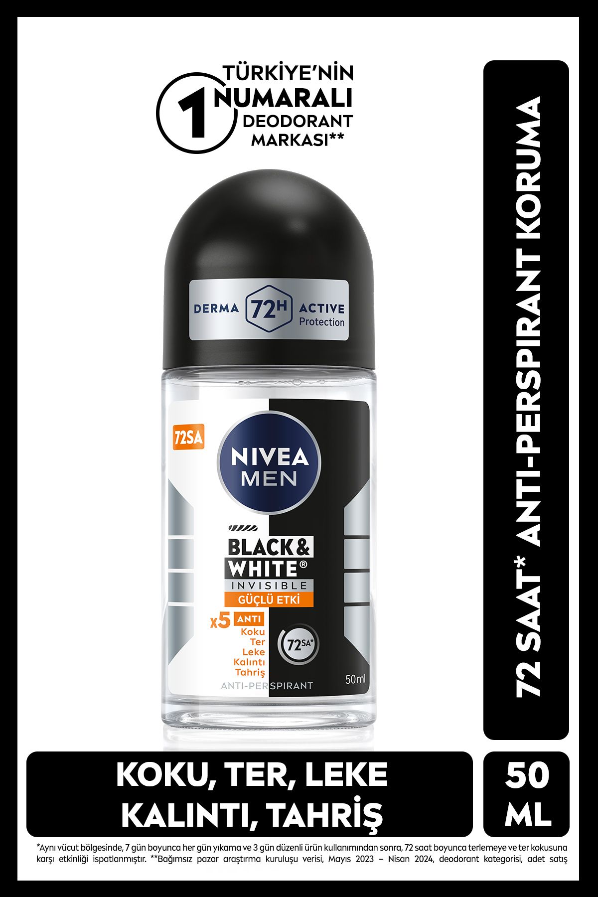 Nivea MEN Erkek Roll-on Deodorant Black&White Invisible GüçlüEtki 50ml, 72 Saat Anti-perspirant Ter Koruma Nivea MEN Erkek Roll-on Deodorant Black&White Invisible GüçlüEtki 50ml, 72 Saat Anti-perspirant Ter Koruma