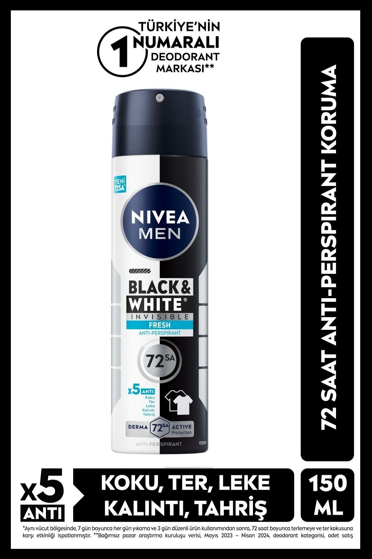 Nivea Men Erkek Sprey Deodorant Black&white Invisible Fresh 150ml, 72 Saat Anti-perspirant Ter Koruması Nivea Men Erkek Sprey Deodorant Black&white Invisible Fresh 150ml, 72 Saat Anti-perspirant Ter Koruması