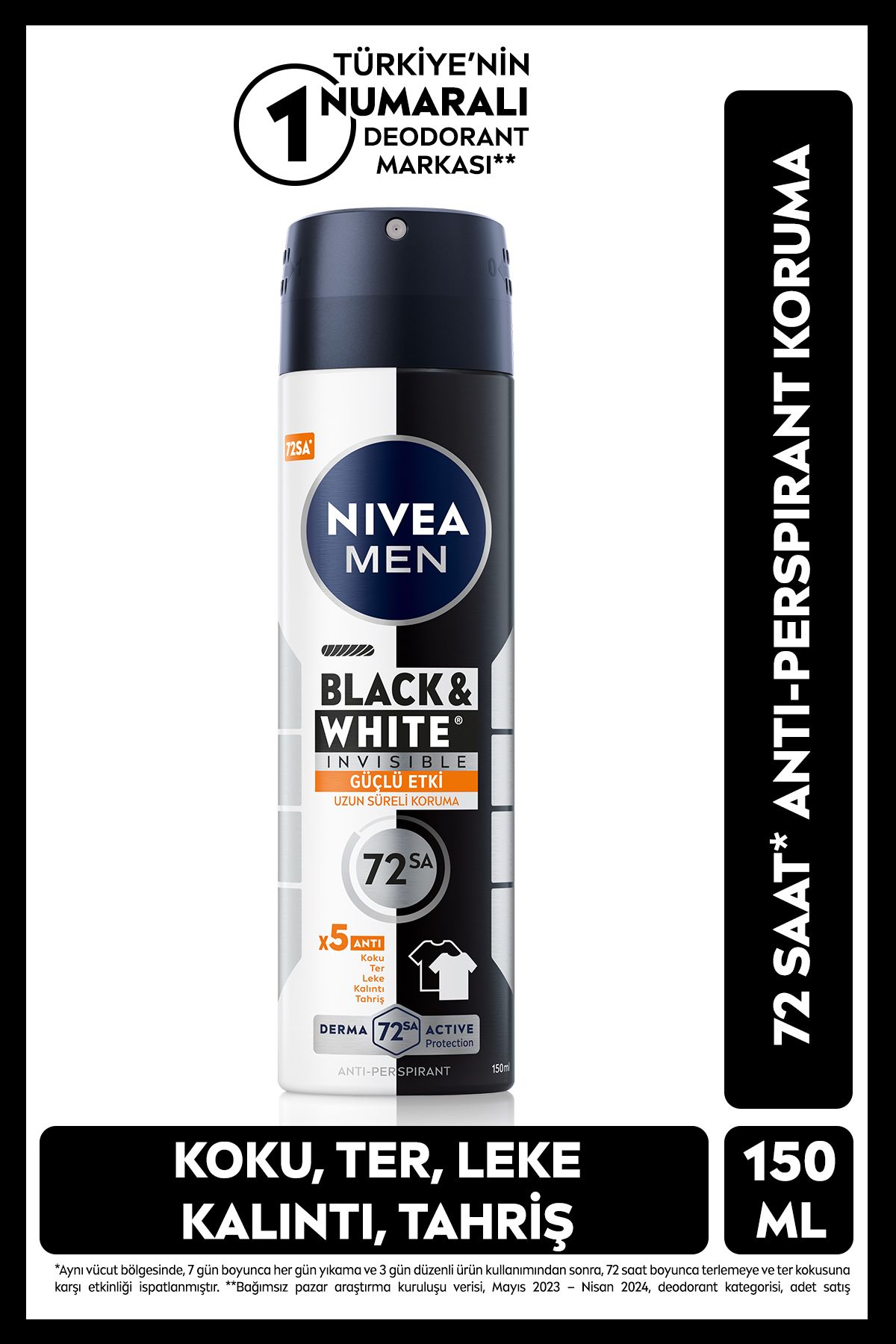 Nivea MEN Erkek Sprey Deodorant Black&White Invisible Güçlü Etki 150ml, 72 Saat Anti-perspirant Ter Koruma Nivea MEN Erkek Sprey Deodorant Black&White Invisible Güçlü Etki 150ml, 72 Saat Anti-perspirant Ter Koruma