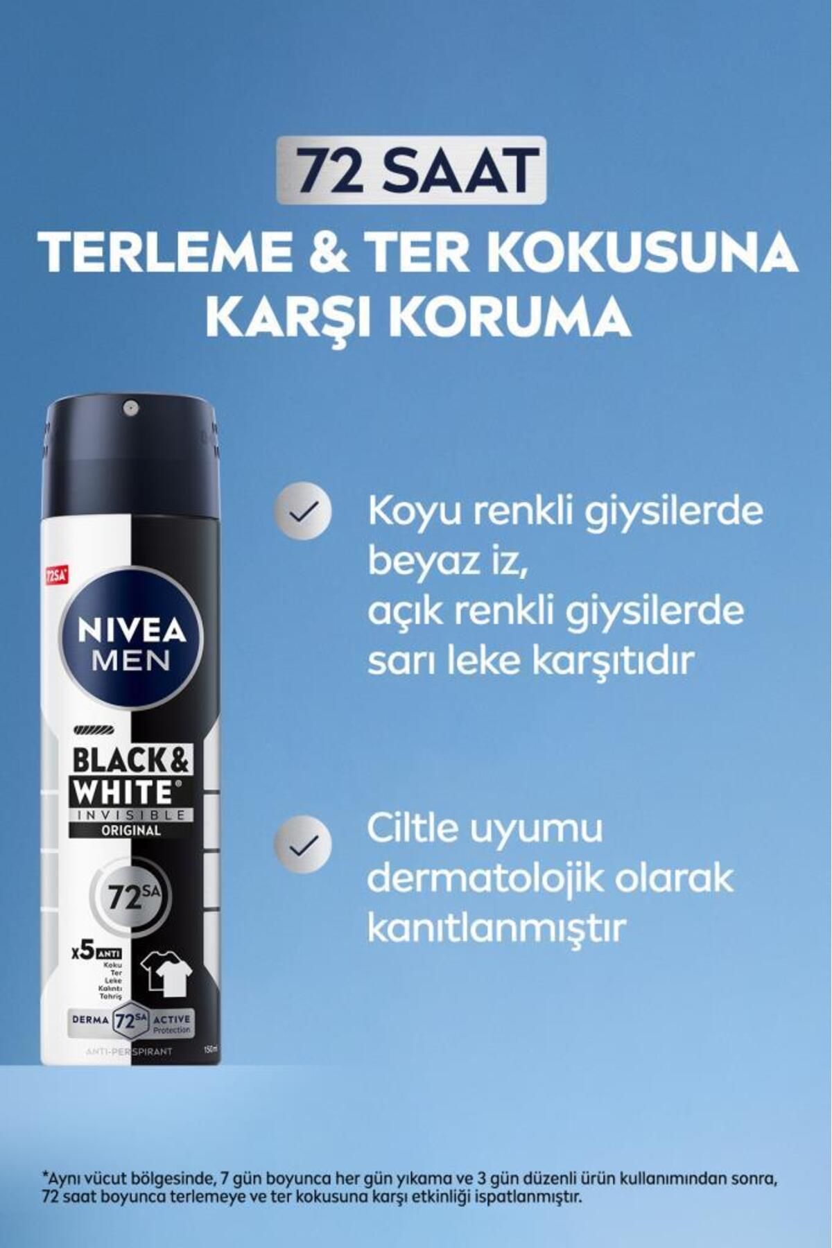 Nivea MEN Erkek Sprey Deodorant Black&White Invisible Original 150ml, 72 Saat Anti-perspirant Ter Koruması Nivea MEN Erkek Sprey Deodorant Black&White Invisible Original 150ml, 72 Saat Anti-perspirant Ter Koruması