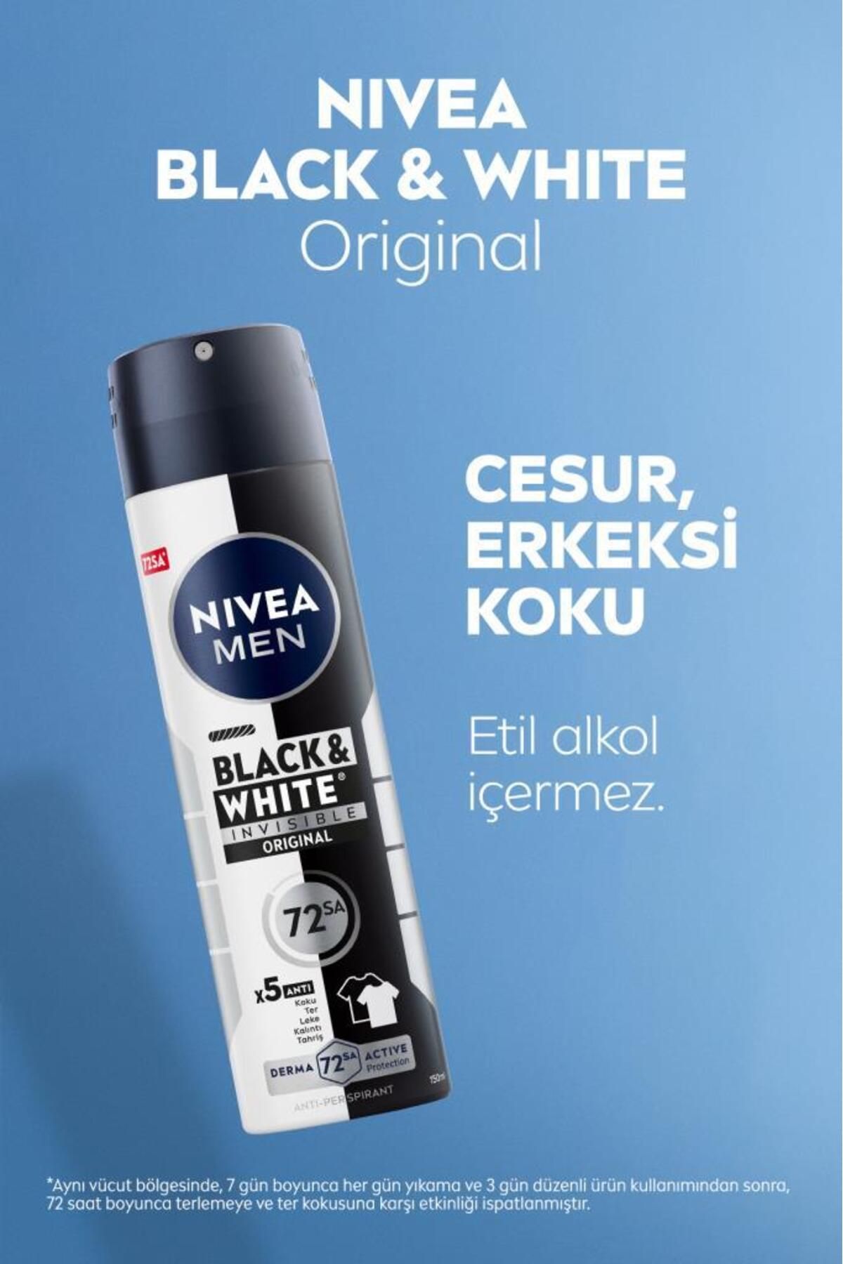Nivea MEN Erkek Sprey Deodorant Black&White Invisible Original 150ml, 72 Saat Anti-perspirant Ter Koruması Nivea MEN Erkek Sprey Deodorant Black&White Invisible Original 150ml, 72 Saat Anti-perspirant Ter Koruması